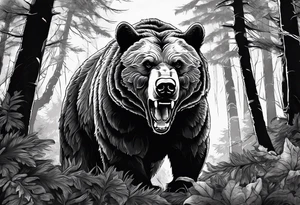 Bear growling. They are in a cloudy forest with fierce warriors. Number 14 is in the sternum tattoo idea