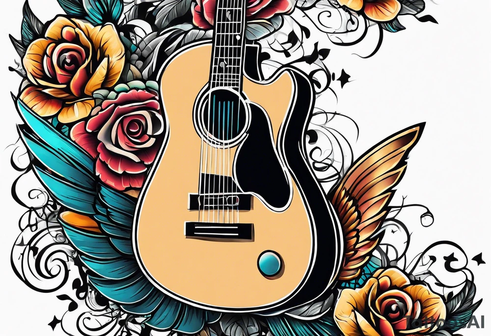 Microphone and musical notes and guitar and wings tattoo idea