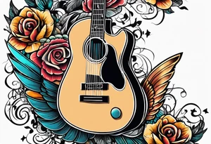 Microphone and musical notes and guitar and wings tattoo idea