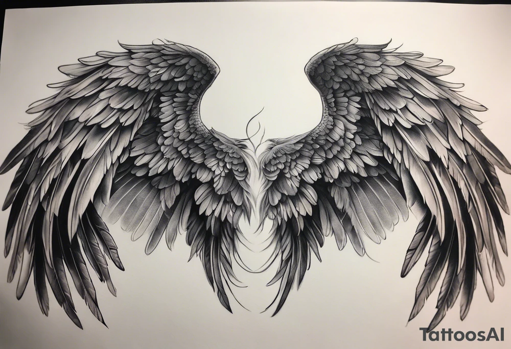 Realistic angel wings extending from a mens shoulders, covering the upper arms and upper back. The feathers are intricately detailed, with soft shading in black and gray to create depth and texture. The wings gently converge in the middle of the back, forming a harmonious and cohesive design. tattoo idea