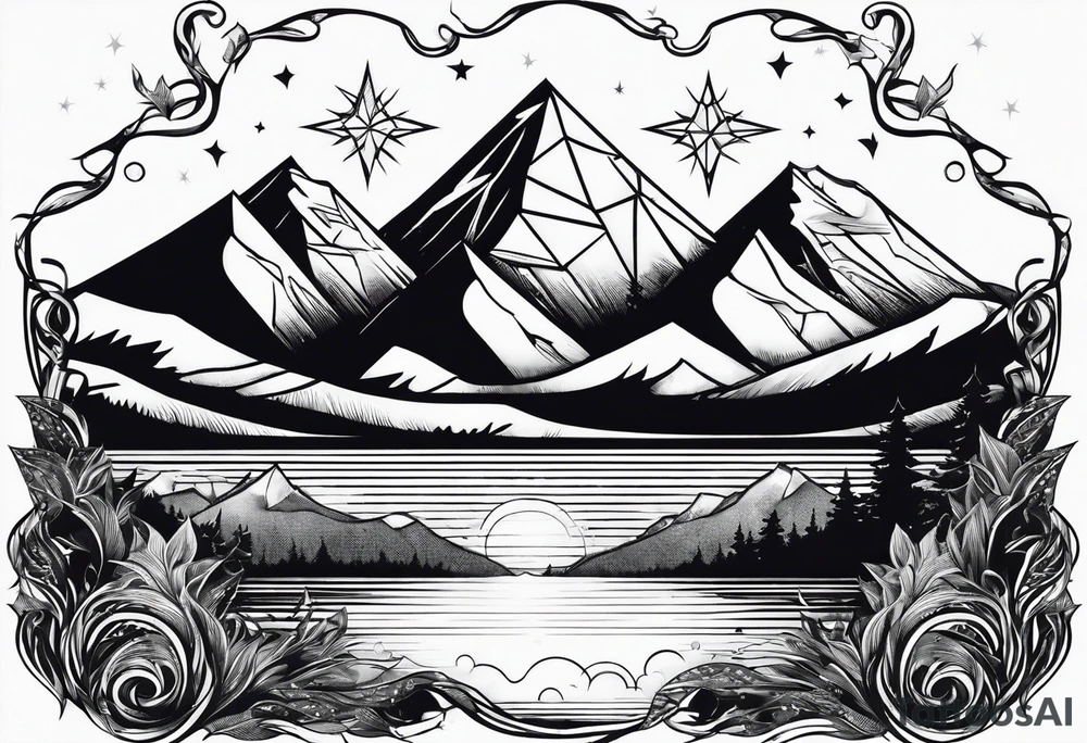 A diamond windows showing 3 stars above a mountain. Waves underneath, trees to the sides tattoo idea