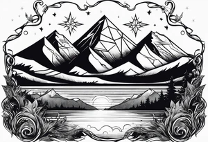 A diamond windows showing 3 stars above a mountain. Waves underneath, trees to the sides tattoo idea