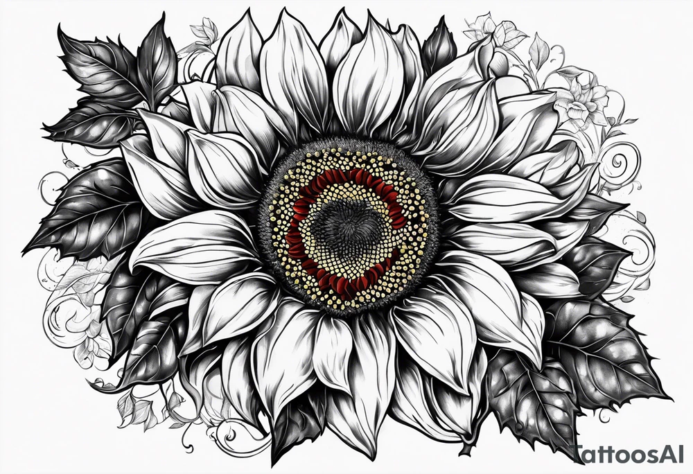 Sunflower and roses with the name Arianna in red scrip letters and “you are my sunshine” tattoo idea