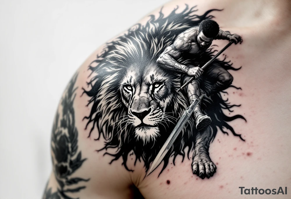 Black man riding on top of lion into battle tattoo idea