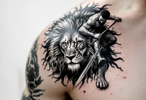 Black man riding on top of lion into battle tattoo idea