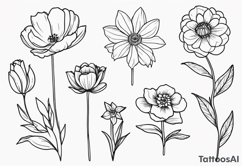 fine line flower bouquet made from the birth month flowers of march may june july tattoo idea
