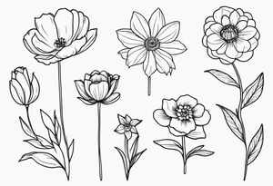 fine line flower bouquet made from the birth month flowers of march may june july tattoo idea