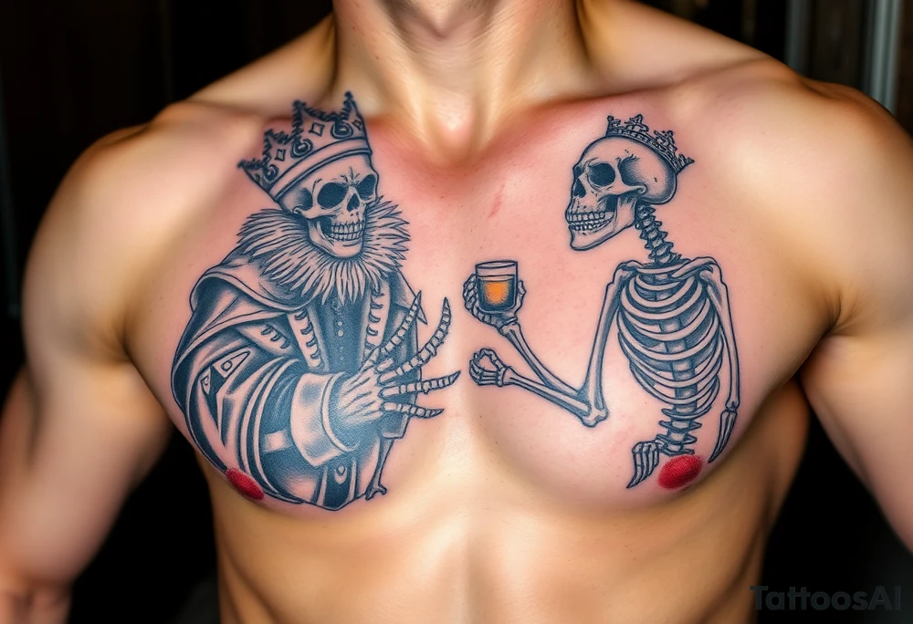 evil skeleton king in clothes having a good time getting drunk with skeleton dog tattoo idea