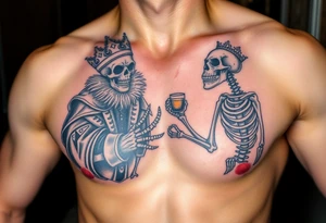evil skeleton king in clothes having a good time getting drunk with skeleton dog tattoo idea