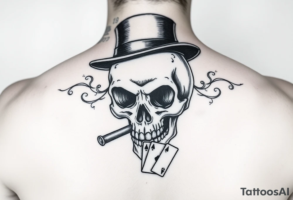skull with top-hat,cigar in his mouth and playing cards. tattoo idea