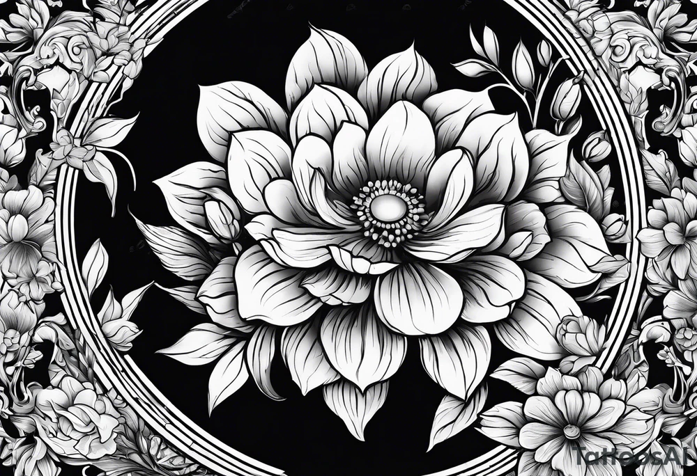 Round boarder with empty space in the inside surrounded by flowers tattoo idea