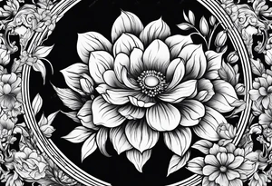 Round boarder with empty space in the inside surrounded by flowers tattoo idea