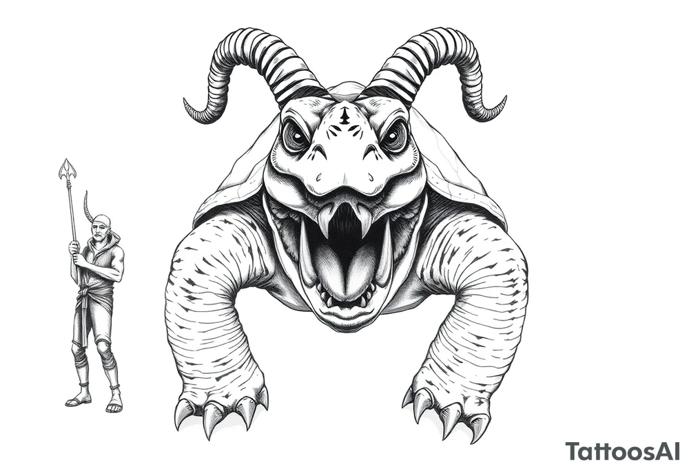 A giant and his 2 slaves powerful and angry turtle with goat horns and huge teeth and ALIEN EYES tattoo idea
