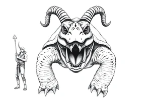 A giant and his 2 slaves powerful and angry turtle with goat horns and huge teeth and ALIEN EYES tattoo idea
