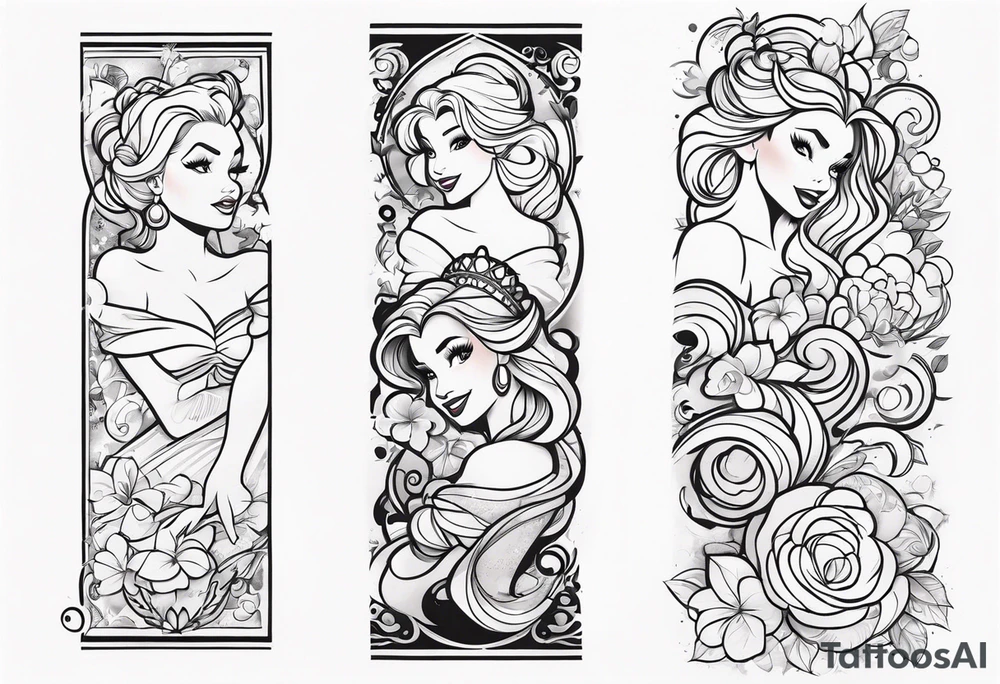 Disney princess arm sleeve tattoo idea