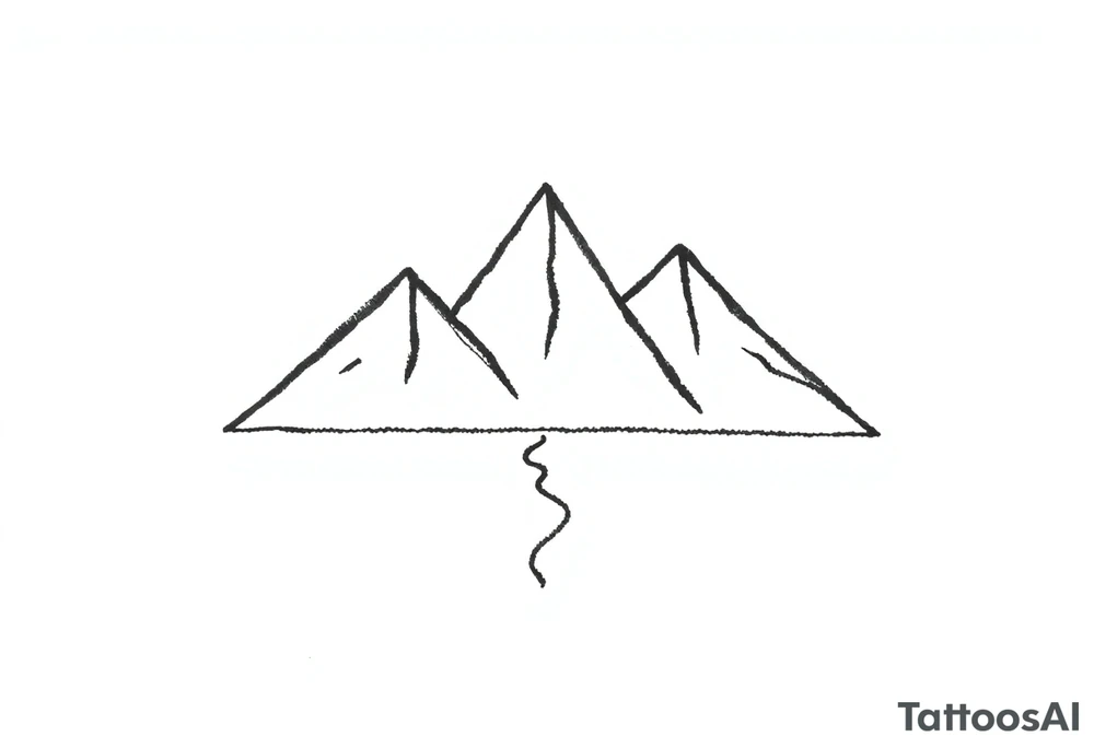 A minimalist geometric design featuring three triangular mountain peaks. Each peak is composed of clean, thin lines with no shading. A single straight horizontal line runs beneath the mountains, symbolizing a trail. The design conveys nature’s strength and the journey of progress. tattoo idea