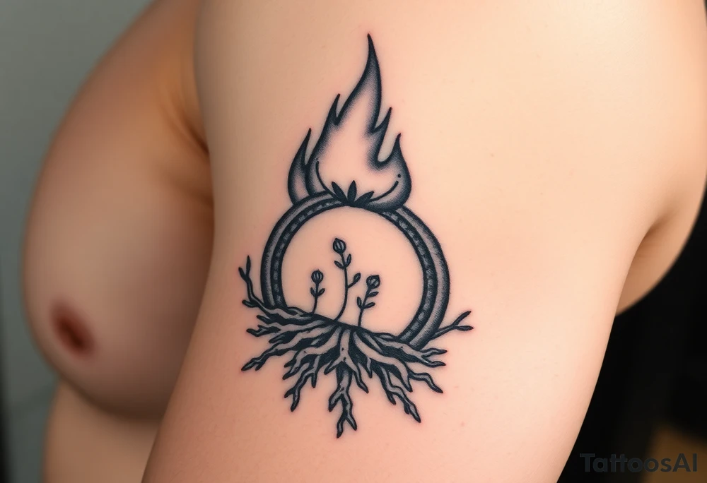 flame in a roots circle, with little sprouts on the archway tattoo idea
