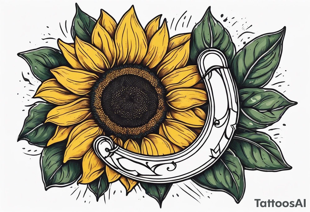 Realistic Horseshoe around a sunflower tattoo idea
