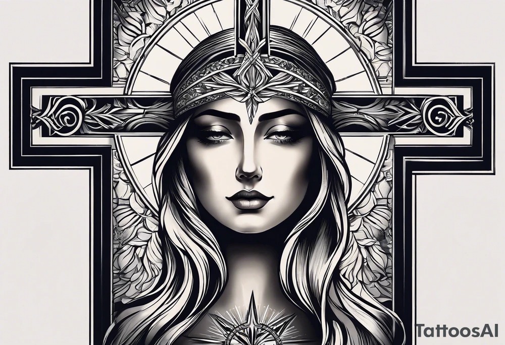 Tattoo: A refined cross with a soft halo on top of it, symbolizing light and spirituality. Delicate rays extend outward from the halo, adding a subtle glow and depth. The cross itself is simple and elegant, with potential for small, intricate line details within the design. tattoo idea