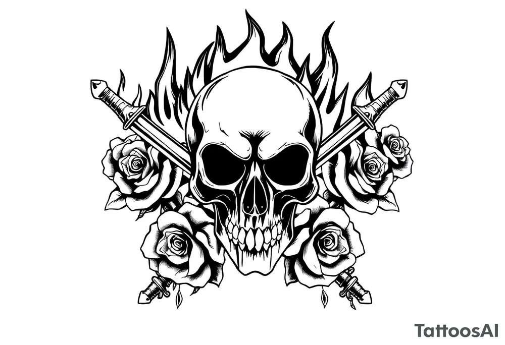 Skull engulfed in flames, crossed swords behind, blooming roses. tattoo idea