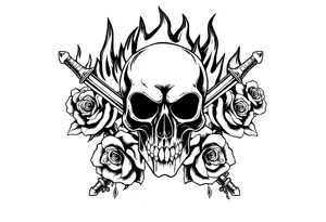 Skull engulfed in flames, crossed swords behind, blooming roses. tattoo idea