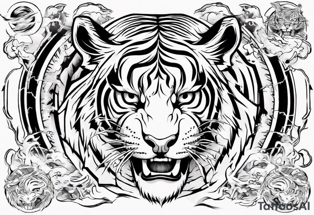 Ancient tiger with lightning and a sun for a forearm sleeve. With patterns surrounding it tattoo idea