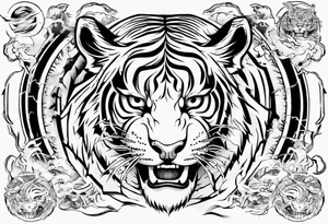Ancient tiger with lightning and a sun for a forearm sleeve. With patterns surrounding it tattoo idea