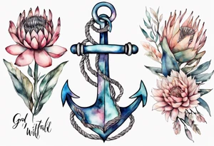 Very feminine tattoo of an anchor and protea flowers and the verse: God is within her, she will not fall. tattoo idea