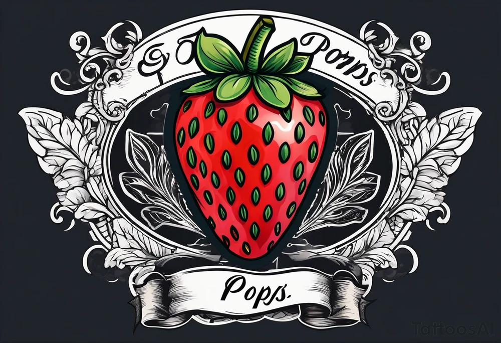 single strawberry wrapped in memorial banner saying Pops tattoo idea