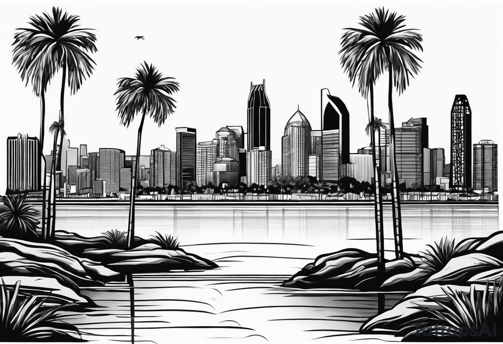 Water leading up to the San Diego skyline with palm trees tattoo idea