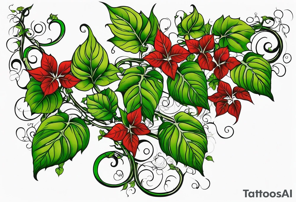 Poison ivy vines with red a green coloration to wrap around leg and hips tattoo idea
