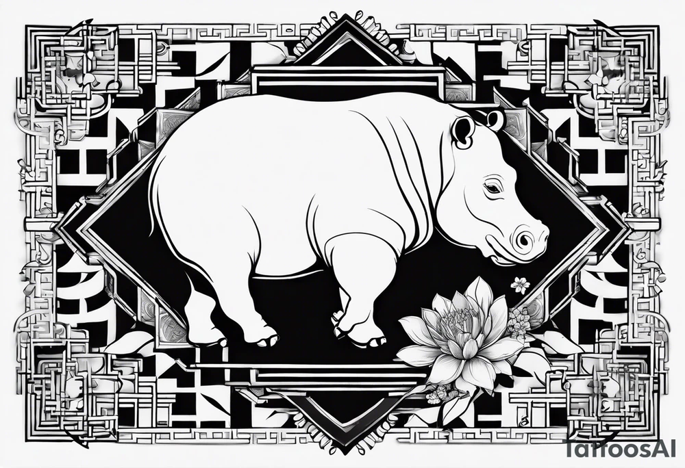 Very asymmetrical, +geometric pattern, with realistic full moon, with hippo, +zen feel, + Buddhism touch, +tribal, +geometric, +inkart 
with wintersweet flower bud, +portrait orientation, +inkart touch, tattoo idea