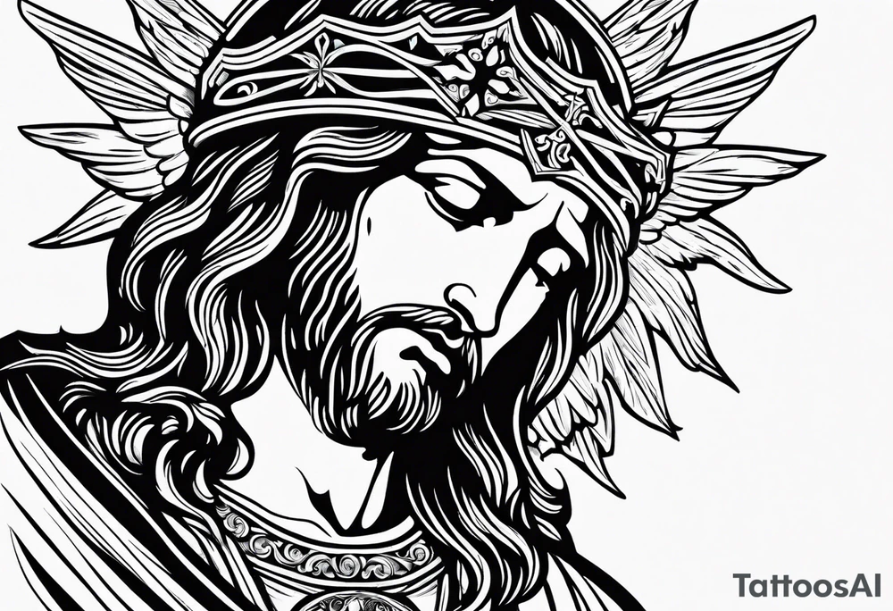 Black and white Jesus cross and angels tattoo idea
