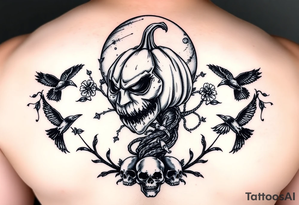 powerful wicked pumpkin head sentinel with vine body, surrounded by floral ornaments and birds, moon in the background with ravens and skulls at the base tattoo idea