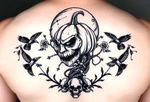 powerful wicked pumpkin head sentinel with vine body, surrounded by floral ornaments and birds, moon in the background with ravens and skulls at the base tattoo idea
