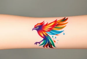 Phoenix in flames with purple, blue, orange, teal and green splashes, looking upwards with angry eye. No black outline. tattoo idea