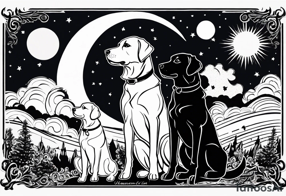 3 black silhouettes of dogs looking up at the night sky tattoo idea