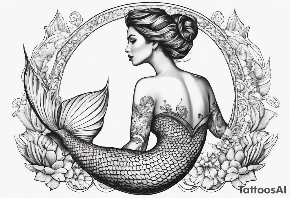 Draw a mermaid body with nice long fish tail with a shell bra tattoo idea