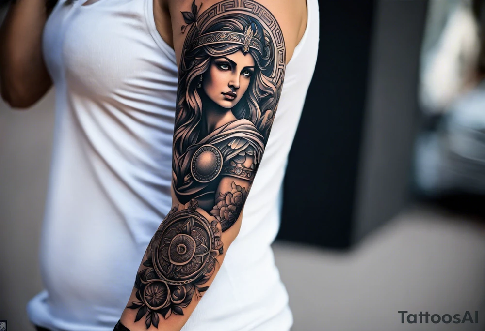 A full tattoo sleeve inspired by Greek mythology, featuring the Greek goddess Athena as the centerpiece. Athena is depicted with a commanding and noble presence, embodying wisdom, strength, and strategy. The design should be less dark and heavily shaded, instead focusing on clean lines and balanced contrasts to highlight the intricate details. Surrounding Athena, incorporate a mandala effect with geometric patterns that complement her symbolism of wisdom and warfare. The sleeve also includes elements such as an owl (Athena’s sacred animal), olive branches, and a warrior’s helmet, seamlessly integrated into the design to enhance the theme. The overall aesthetic is bold and strong, yet refined, with a focus on clear, powerful imagery that conveys a sense of wisdom, protection, and courage. tattoo idea