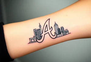3D layered Atlanta skyline with Atlanta Braves letter logo “A” tattoo idea