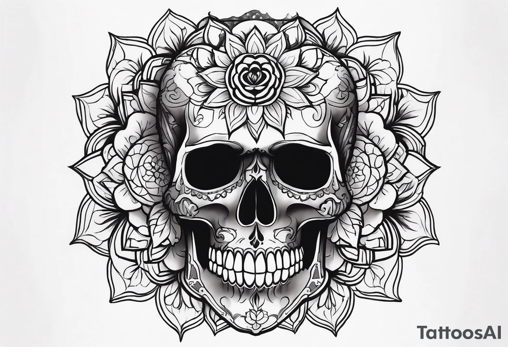 Draw me a realistic skull with black cigarette smoke out of his mouth add some flowers underneath with some mandalas at the bottom tattoo idea