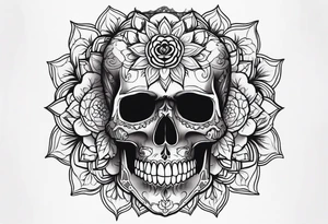 Draw me a realistic skull with black cigarette smoke out of his mouth add some flowers underneath with some mandalas at the bottom tattoo idea