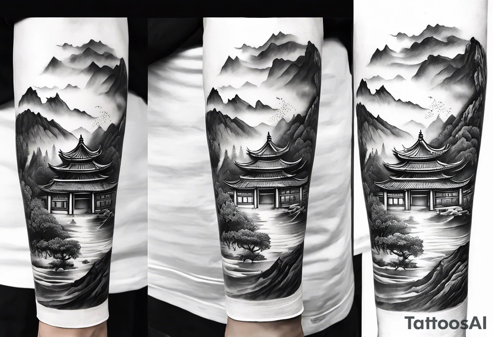 forearm sleeve traditional chinese art painting Chinese temple two old philosophers wearing robes and drinking tea mountains mist fog waterfall tattoo idea