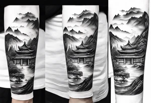 forearm sleeve traditional chinese art painting Chinese temple two old philosophers wearing robes and drinking tea mountains mist fog waterfall tattoo idea