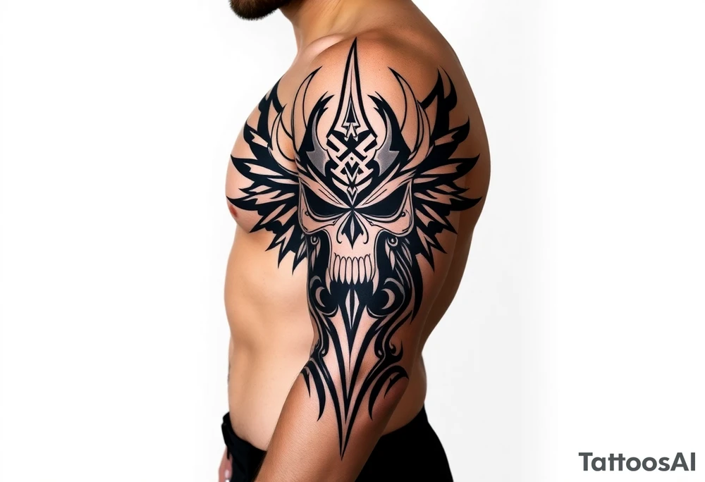 The Fiend top center piece of sleeve with tribal design surrounding covering up old tattoo tattoo idea