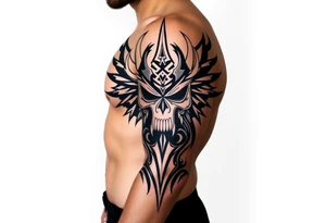 The Fiend top center piece of sleeve with tribal design surrounding covering up old tattoo tattoo idea