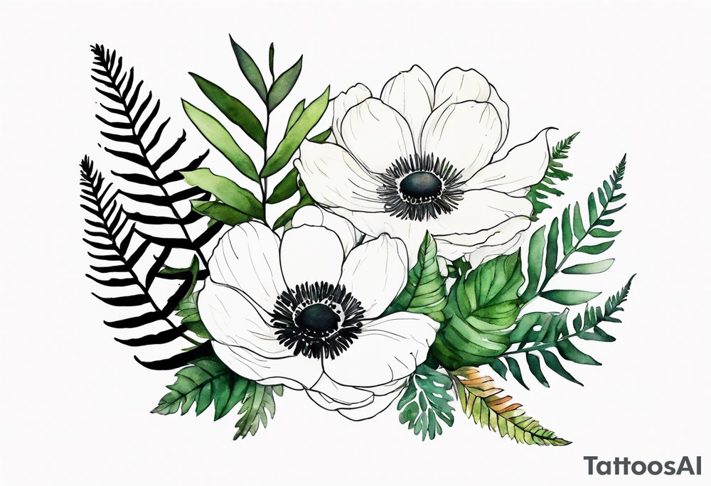 wild flower bouquet with ferns and white anemone all watercolor tattoo idea