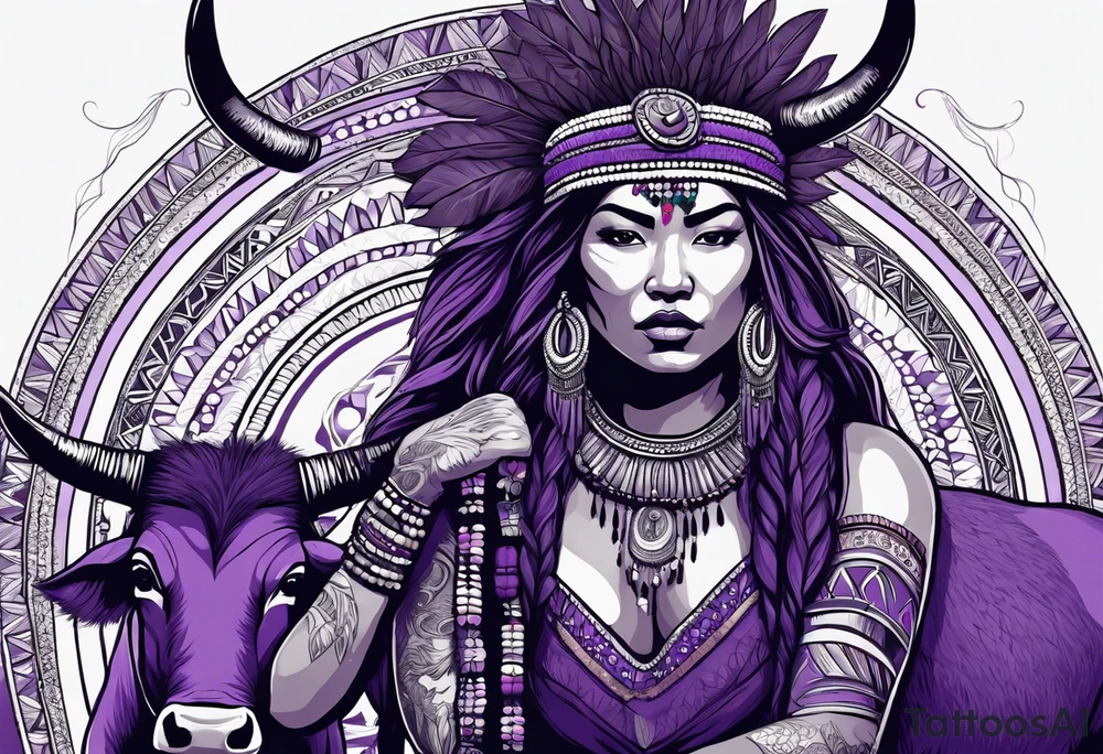 native woman female warrior with quiver on her back. she is wearing bead headband. she is sitting on a purple buffalo, the buffalo is standing up, standing still tattoo idea