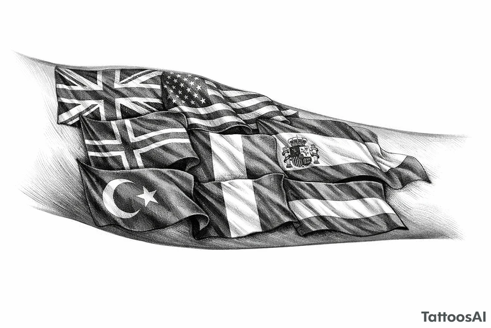 England USA Iceland Italy Spain Turkey France Hungary flags inside forearm tattoo idea
