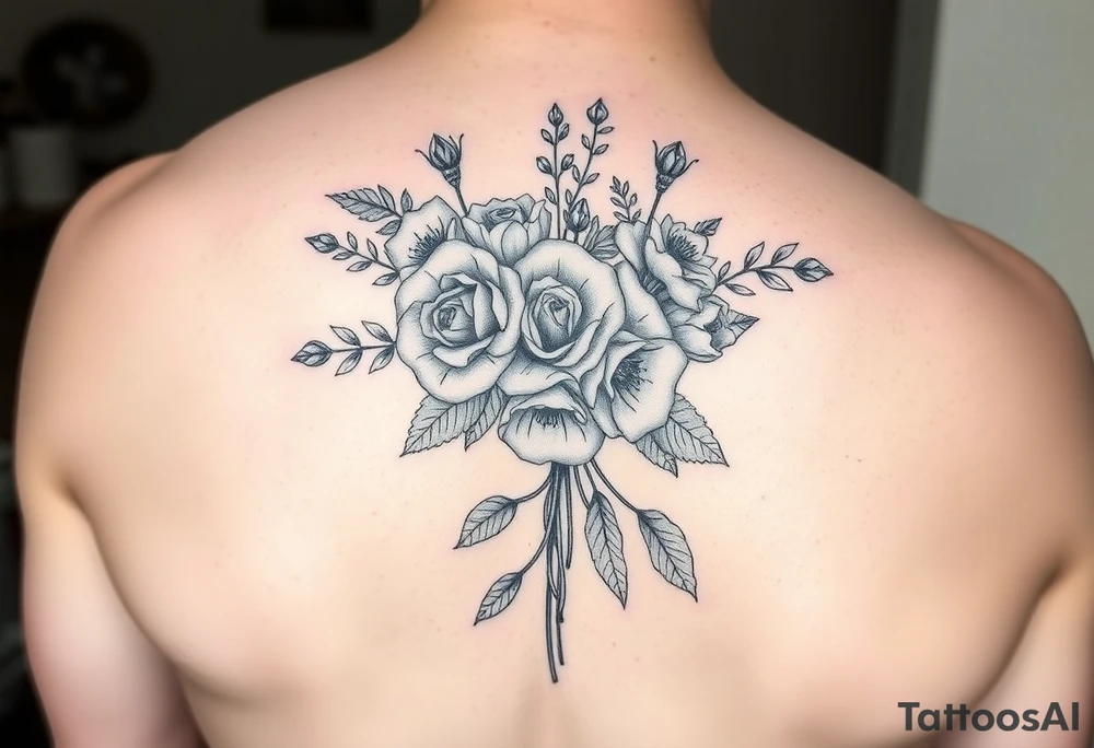 vintage bouquet of wild roses and meadow flowers with morning dew tattoo idea